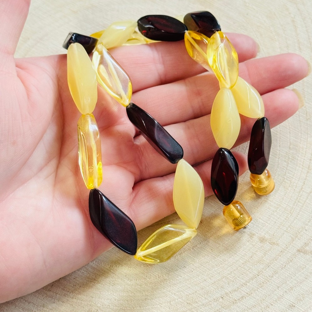 Pressed Baltic Yellow Red Amber Necklace VTG collar Rare Retro Beaded 20"L